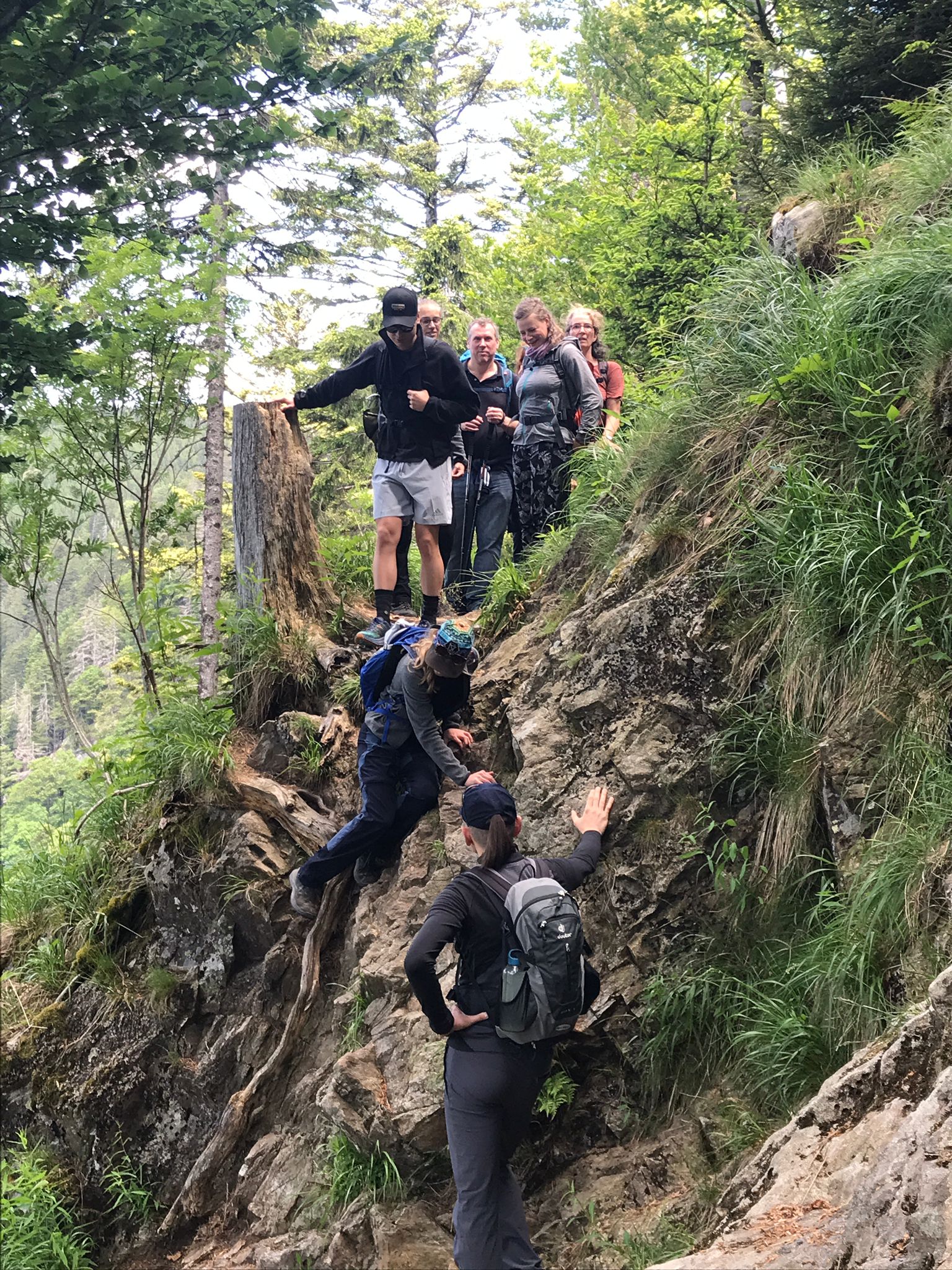 Die alpine Wandergruppe im steilen Gelände